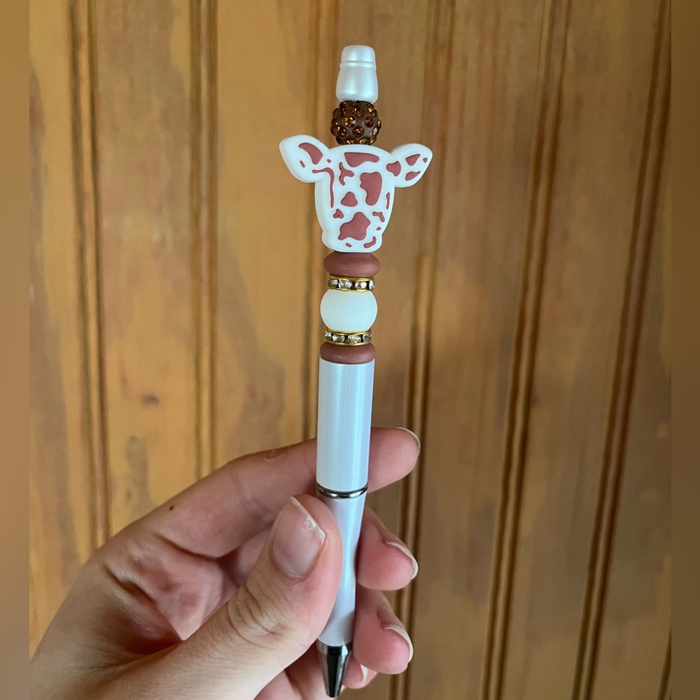 Brown and White Cowprint Cow Western Country Ballpoint Beaded Pen